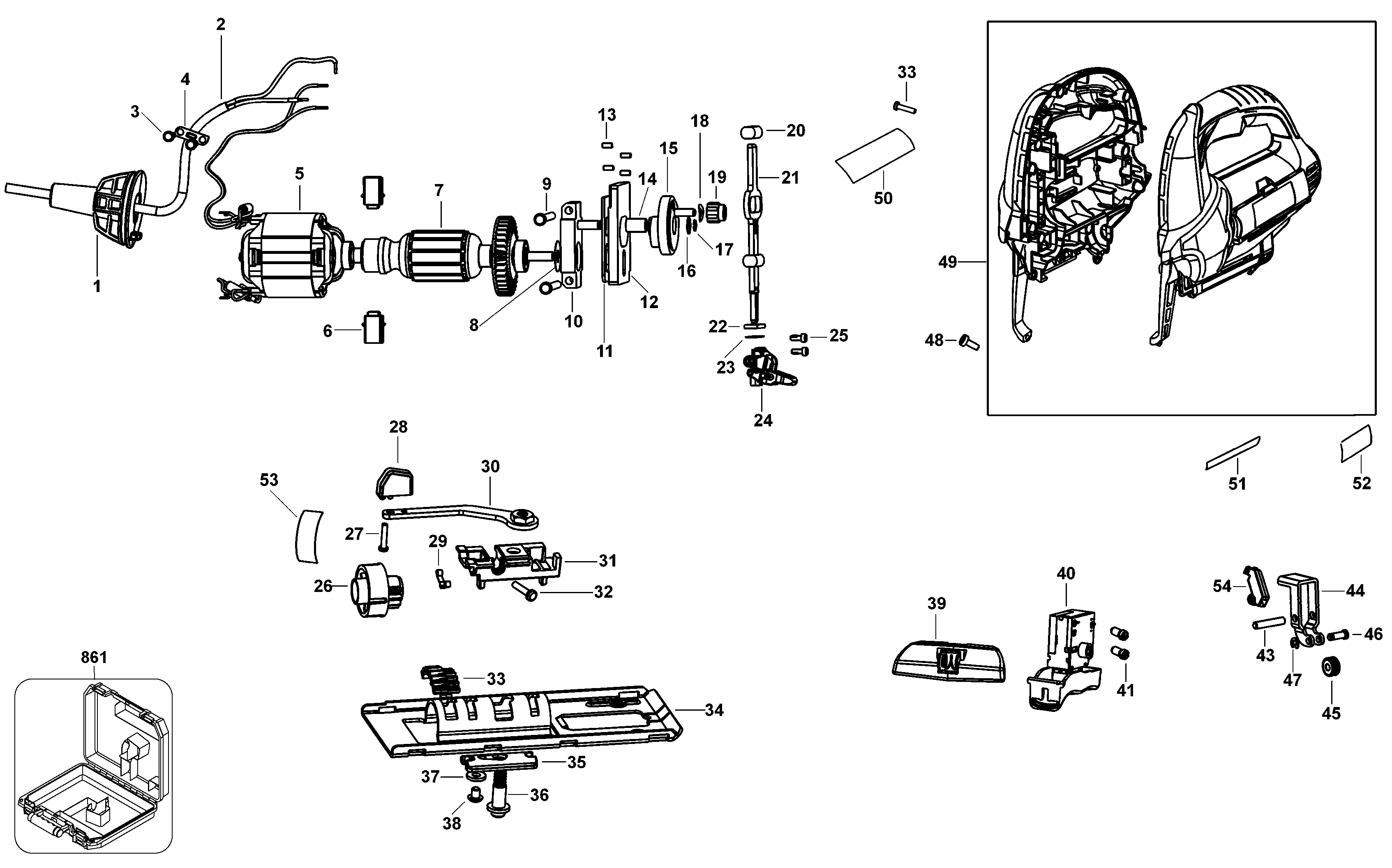 Default Diagram and Parts List for KS550K-B3 Type 1 Black and Decker Jig Saw